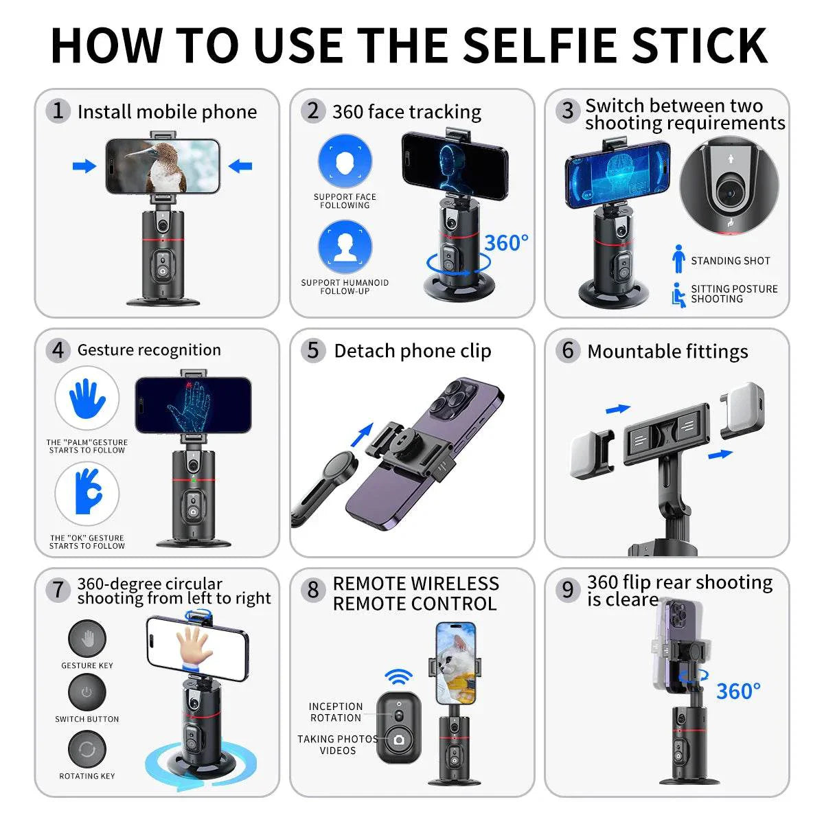 Selfieshow P02 Gimbal 360 Rotation AI Tracking Stabilizer